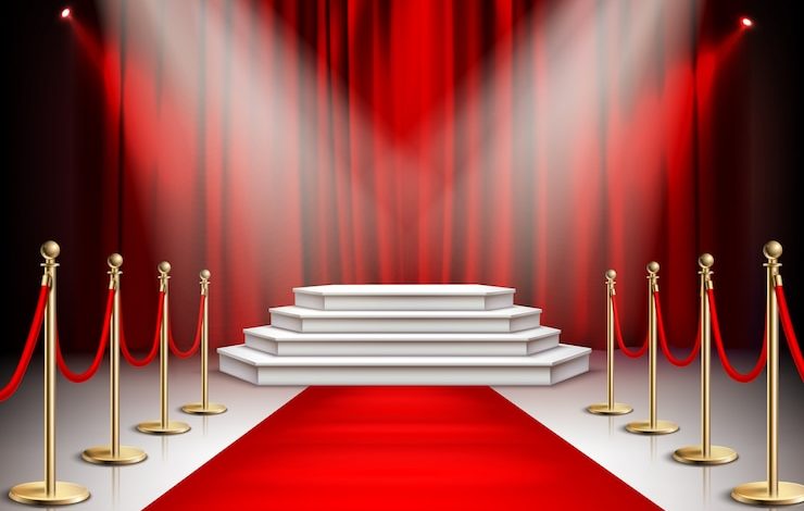 celebridades do tapete vermelho evento composicao realista com holofotes de escadas brancas podio carmine cetim cortina fundo ilustracao 1284 29