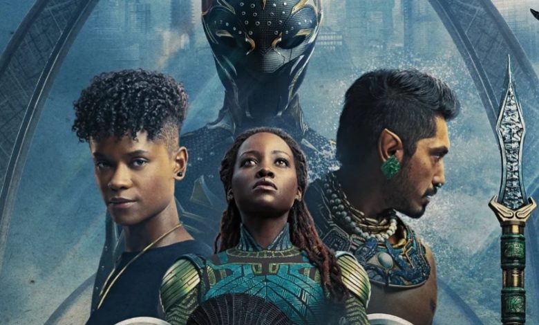 Letitia Wright, Lupita Nyong'o e Tenoch Huerta no pôster de "Pantera Negra: Wakanda para Sempre".  Marvel Studios/Divulgação