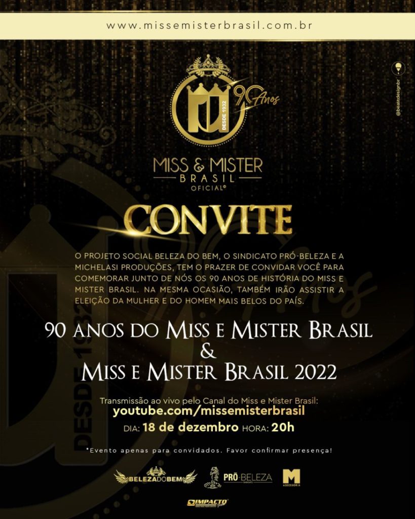 Convite Miss e Mister Brasil 2022 - 90 Anos Miss e Mister Brasil