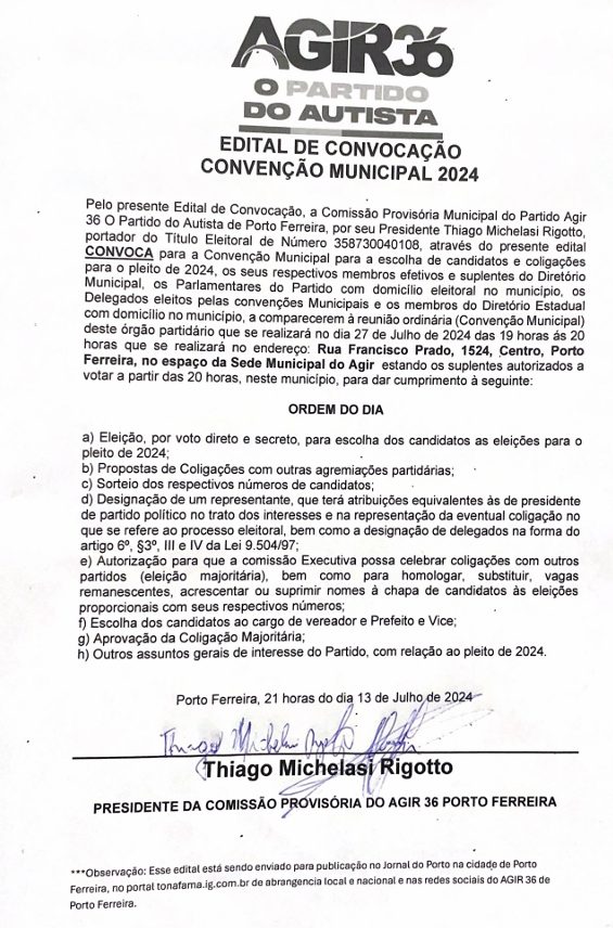 Edital Chamamento Convencao Municipal Agir 36 Porto Ferreira