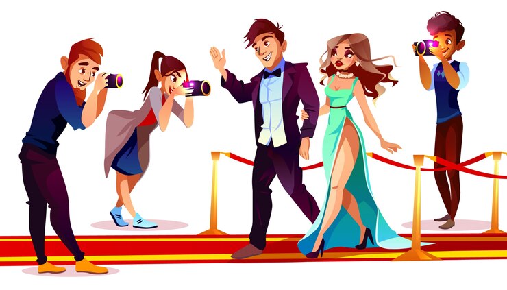 casal de desenhos animados de celebridades famosas no tapete vermelho com paparazzi 33099 657