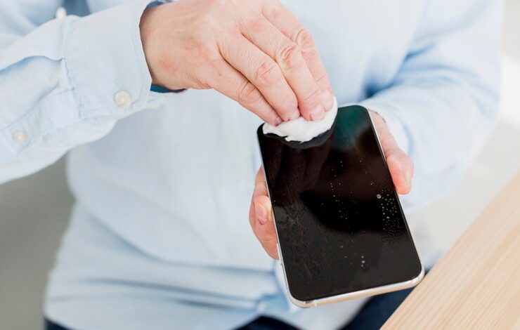 high angle elder woman disinfecting her smartphone 23 2148492282