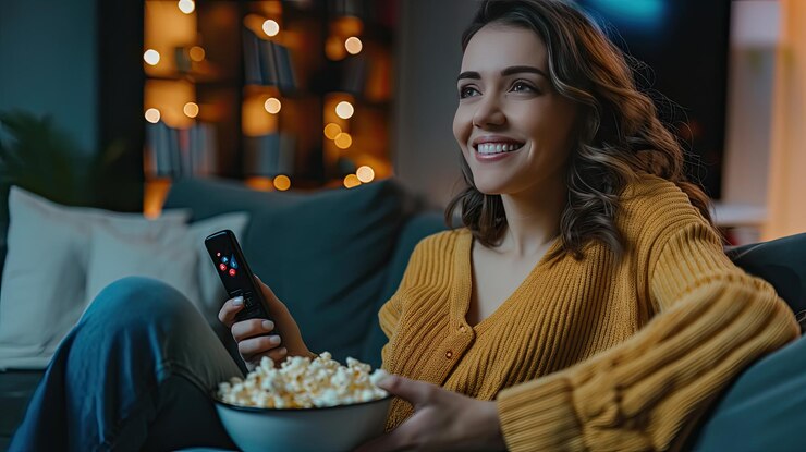 uma jovem mulher sentada no sofa com pipocas na mao e um controle remoto sorrindo felizmente enquanto assiste tv 965119 66673