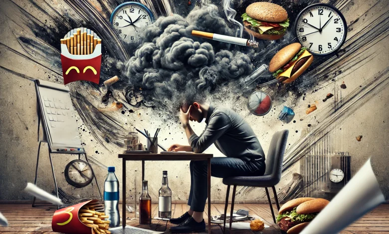 DALL·E 2024 10 09 10.20.31 An image representing the influence of stress on maintaining addictive habits. It depicts a stressed individual sitting at a cluttered desk with vario