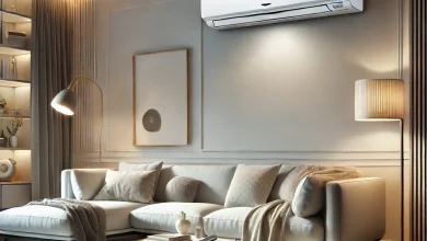 DALL·E 2024 10 15 19.12.51 A high quality image showcasing a modern air conditioning unit from Midea in a well designed comfortable living room setting. The air conditioner sho