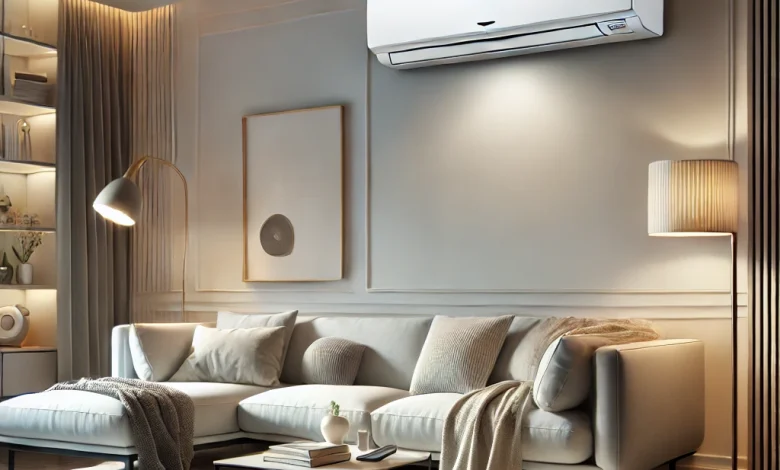 DALL·E 2024 10 15 19.12.51 A high quality image showcasing a modern air conditioning unit from Midea in a well designed comfortable living room setting. The air conditioner sho