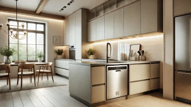 DALL·E 2024 10 15 21.45.05 A modern kitchen with a built in dishwasher. The kitchen features sleek countertops a large island in the center and contemporary cabinets. The dish