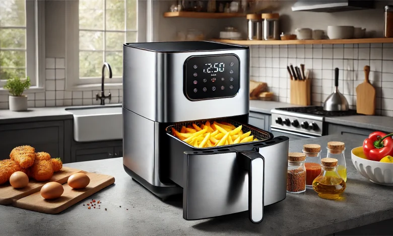 DALL·E 2024 10 25 10.54.11 A modern sleek horizontal air fryer on a kitchen counter. The air fryer has a large digital display silver and black finish and an open drawer show