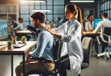 batch DALL·E 2024 10 17 18.14.37 A professional female massage therapist wearing a white lab coat is providing a quick massage to an office employee in a corporate setting. The massag