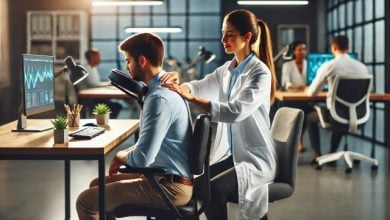 batch DALL·E 2024 10 17 18.14.37 A professional female massage therapist wearing a white lab coat is providing a quick massage to an office employee in a corporate setting. The massag