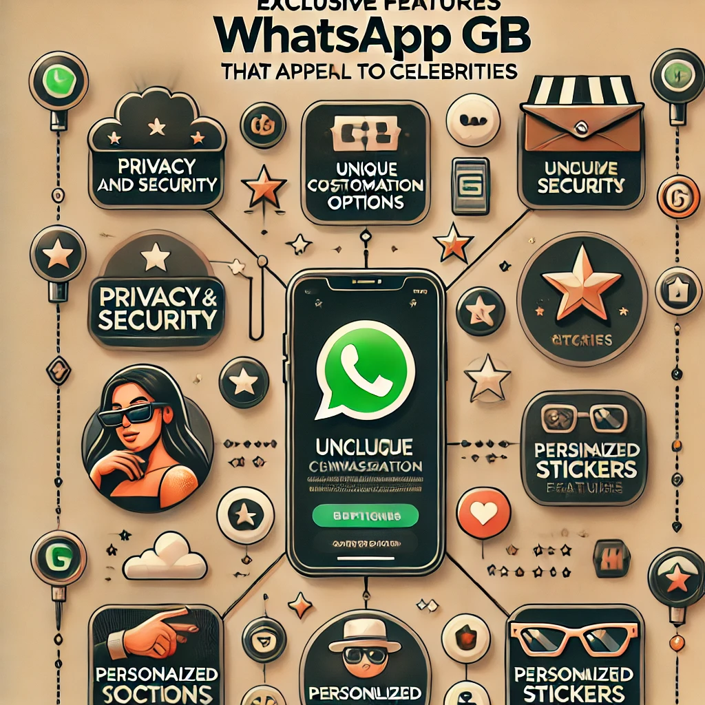 Infográfico dos recursos exclusivos do WhatsApp GB que conquistaram celebridades em 2024, destacando privacidade, personalização, figurinhas exclusivas e funcionalidades avançadas.