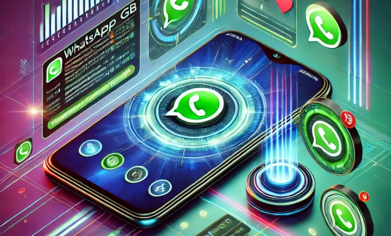 Ilustração futurista do WhatsApp GB em um smartphone, destacando suas funcionalidades avançadas de privacidade, personalização e compartilhamento de arquivos.