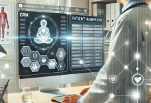 DALL·E 2024 11 03 19.50.54 A digital representation of a healthcare professional using a CRM system in a modern medical office. The scene shows a doctor or medical staff interac