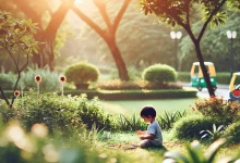 DALL·E 2024 11 12 13.11.55 A horizontal image of a young child playing alone in a serene outdoor setting such as a park or garden. The child appears engaged possibly playing w