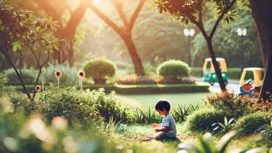 DALL·E 2024 11 12 13.11.55 A horizontal image of a young child playing alone in a serene outdoor setting such as a park or garden. The child appears engaged possibly playing w