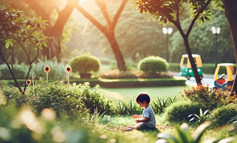 DALL·E 2024 11 12 13.11.55 A horizontal image of a young child playing alone in a serene outdoor setting such as a park or garden. The child appears engaged possibly playing w