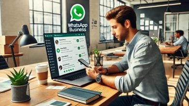 batch DALL·E 2024 11 01 16.17.14 A marketing manager working on WhatsApp tasks sitting at a modern desk with a laptop and smartphone focused on coordinating messages campaigns and