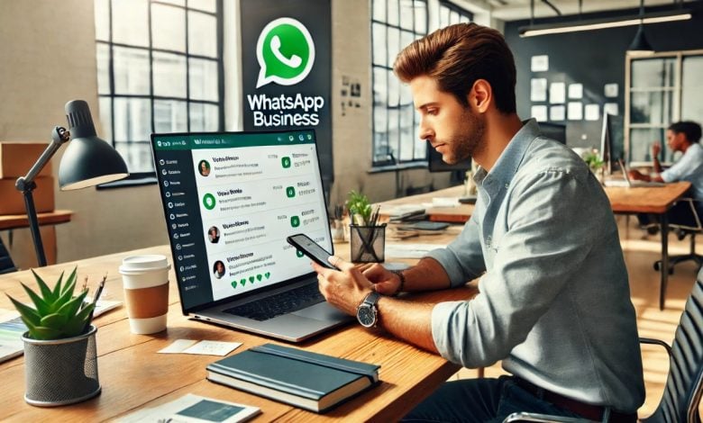 batch DALL·E 2024 11 01 16.17.14 A marketing manager working on WhatsApp tasks sitting at a modern desk with a laptop and smartphone focused on coordinating messages campaigns and