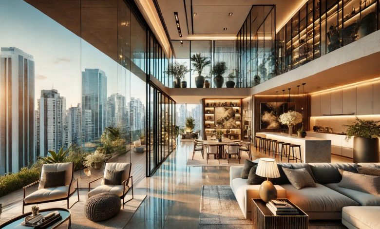 batch DALL·E 2024 11 07 16.47.26 A luxurious apartment in Sao Paulo featuring modern Brazilian architecture with expansive glass windows showcasing a view of the city skyline. The in