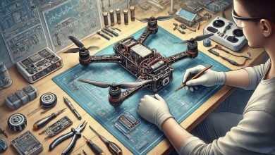 batch DALL·E 2024 11 30 09.58.28 A detailed illustration showing the maintenance of a drone battery in a horizontal orientation. The image depicts a technician wearing protective glov 1