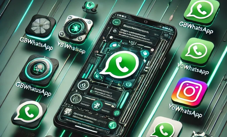 Imagem destacada mostrando as melhores versões de WhatsApp Modificado como GBWhatsApp, YoWhatsApp e FMWhatsApp, em um smartphone com interface personalizada.