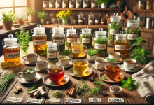 DALL·E 2024 12 21 09.46.14 A cozy and inviting scene of a wooden table with 15 herbal teas arranged in different cups and pots. Each tea has a small label indicating its name l