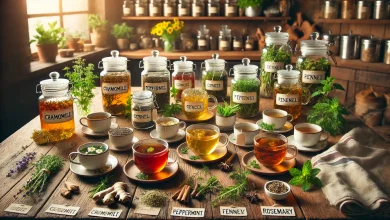 DALL·E 2024 12 21 09.46.14 A cozy and inviting scene of a wooden table with 15 herbal teas arranged in different cups and pots. Each tea has a small label indicating its name l