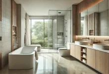 DALL·E 2024 12 30 12.35.17 A modern bathroom with a wide layout featuring a large bathtub a glass enclosed shower and a sleek vanity with double sinks. The design includes ne