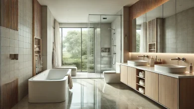 DALL·E 2024 12 30 12.35.17 A modern bathroom with a wide layout featuring a large bathtub a glass enclosed shower and a sleek vanity with double sinks. The design includes ne