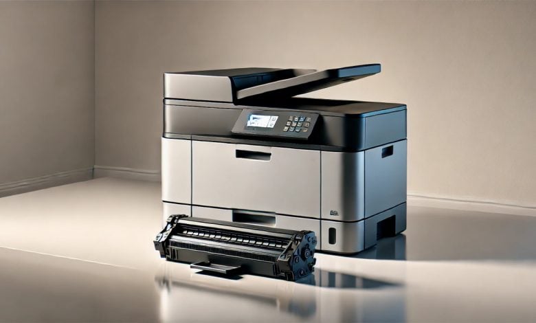 batch DALL·E 2024 12 05 09.04.13 A high resolution horizontal illustration of a modern printer next to an open toner cartridge. The printer is sleek with a minimalist design placed