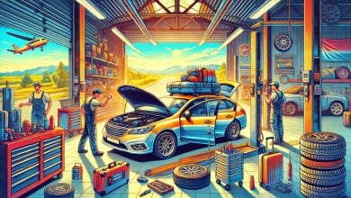 batch DALL·E 2024 12 10 08.29.42 A vibrant and detailed illustration of a car being inspected in a professional garage setting before a long holiday road trip. The scene features a me