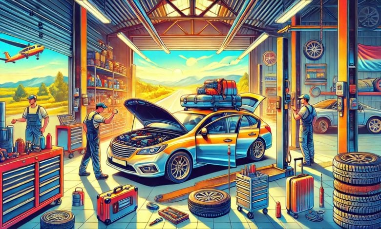 batch DALL·E 2024 12 10 08.29.42 A vibrant and detailed illustration of a car being inspected in a professional garage setting before a long holiday road trip. The scene features a me