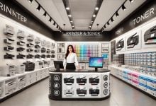 batch DALL·E 2024 12 11 10.23.19 A wide image of a modern printer and toner store with a sleek and organized layout. The store has rows of printers of various sizes on display shelve