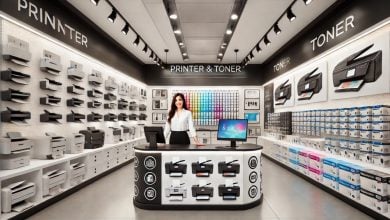 batch DALL·E 2024 12 11 10.23.19 A wide image of a modern printer and toner store with a sleek and organized layout. The store has rows of printers of various sizes on display shelve