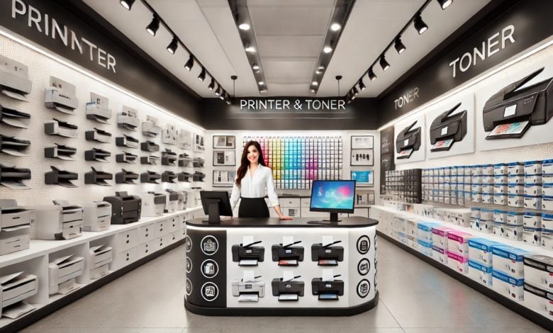 batch DALL·E 2024 12 11 10.23.19 A wide image of a modern printer and toner store with a sleek and organized layout. The store has rows of printers of various sizes on display shelve