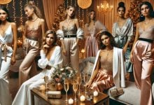 batch DALL·E 2024 12 20 07.07.25 A festive end of year celebration scene featuring elegantly dressed women enjoying a luxurious party. They wear glamorous yet comfortable outfits like