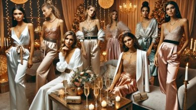 batch DALL·E 2024 12 20 07.07.25 A festive end of year celebration scene featuring elegantly dressed women enjoying a luxurious party. They wear glamorous yet comfortable outfits like