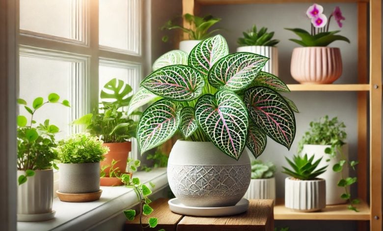 batch DALL·E 2024 12 25 11.44.42 A lush indoor plant setup featuring a beautiful Fittonia plant in a white ceramic pot displayed on a wooden shelf by a window with soft natural light