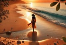 batch DALL·E 2024 12 27 11.31.31 A serene beach scene at sunset showcasing golden sands gentle waves reflecting the orange and pink hues of the sky and a stylish woman wearing a wi