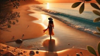 batch DALL·E 2024 12 27 11.31.31 A serene beach scene at sunset showcasing golden sands gentle waves reflecting the orange and pink hues of the sky and a stylish woman wearing a wi