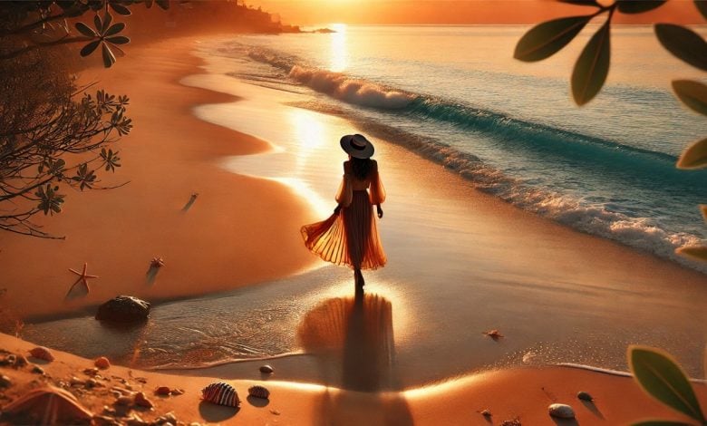 batch DALL·E 2024 12 27 11.31.31 A serene beach scene at sunset showcasing golden sands gentle waves reflecting the orange and pink hues of the sky and a stylish woman wearing a wi