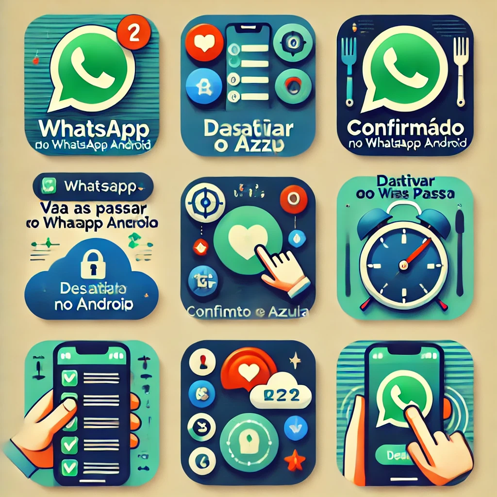 Infográfico mostrando como desativar o visto azul no WhatsApp Android: abrir o app, acessar configurações, privacidade e desativar confirmação de leitura.