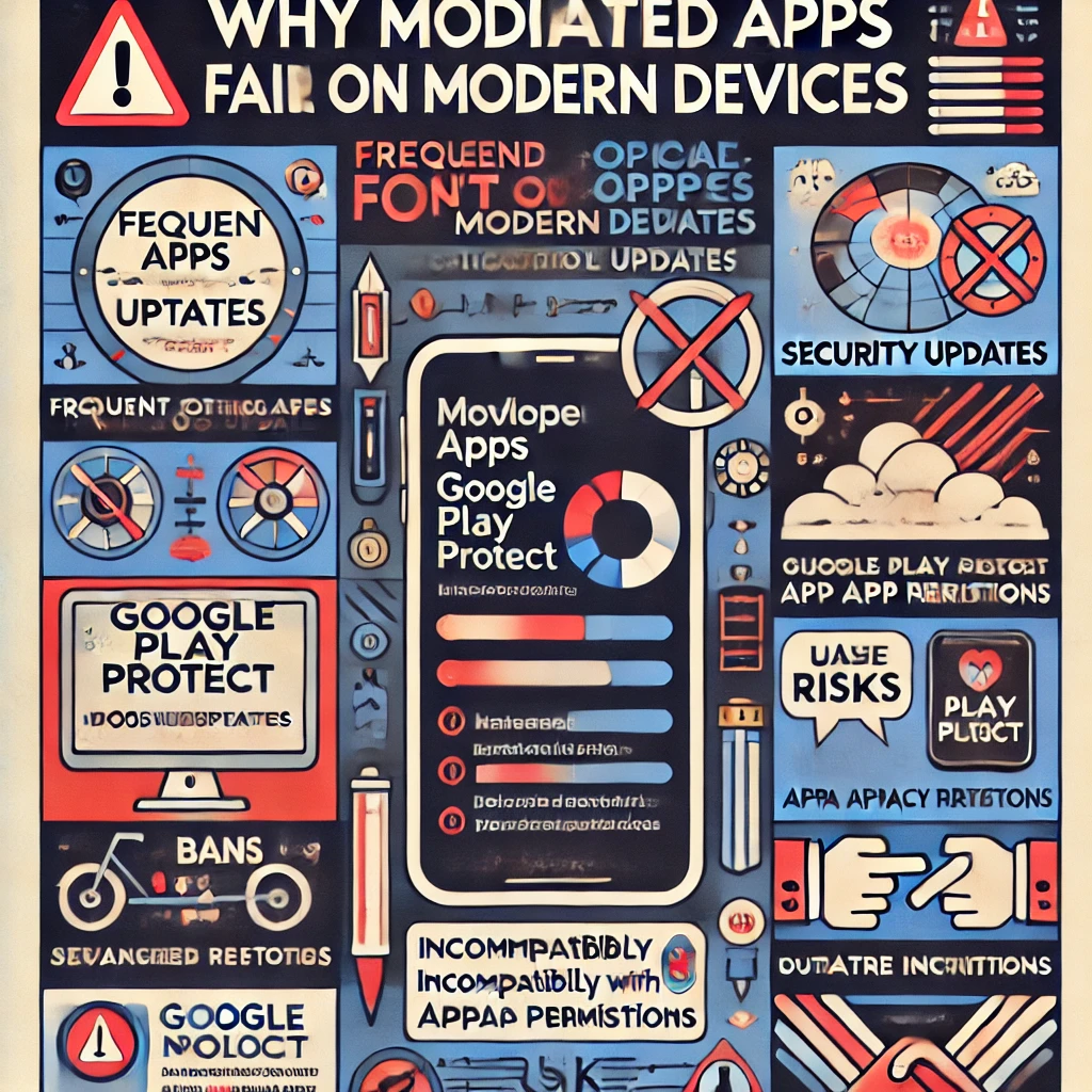 Infográfico explicando por que aplicativos modificados não funcionam em dispositivos modernos, destacando incompatibilidade com sistemas operacionais atualizados, restrições de segurança, políticas rigorosas de desenvolvedores e avanços no hardware.