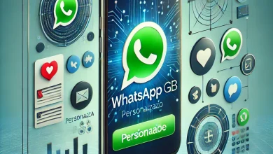 Imagem destacada representando o WhatsApp GB com interface personalizada, ícones de mensagens e fundo tecnológico em azul e verde.