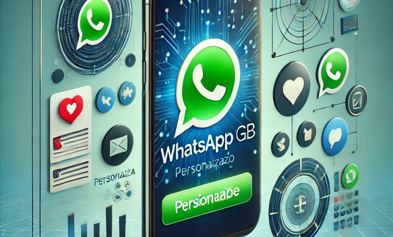 Imagem destacada representando o WhatsApp GB com interface personalizada, ícones de mensagens e fundo tecnológico em azul e verde.