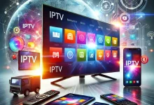 DALL·E 2025 01 19 11.20.21 A sleek and modern representation of IPTV technology featuring a large smart TV displaying vibrant channels and streaming apps. The scene shows multi