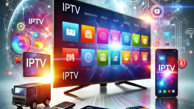 DALL·E 2025 01 19 11.20.21 A sleek and modern representation of IPTV technology featuring a large smart TV displaying vibrant channels and streaming apps. The scene shows multi