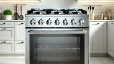 DALL·E 2025 01 23 16.37.55 A modern stainless steel gas stove with four burners and a sleek oven displayed in a clean and bright kitchen setting. The stove is turned off and t