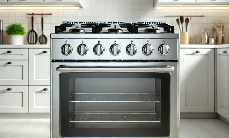 DALL·E 2025 01 23 16.37.55 A modern stainless steel gas stove with four burners and a sleek oven displayed in a clean and bright kitchen setting. The stove is turned off and t