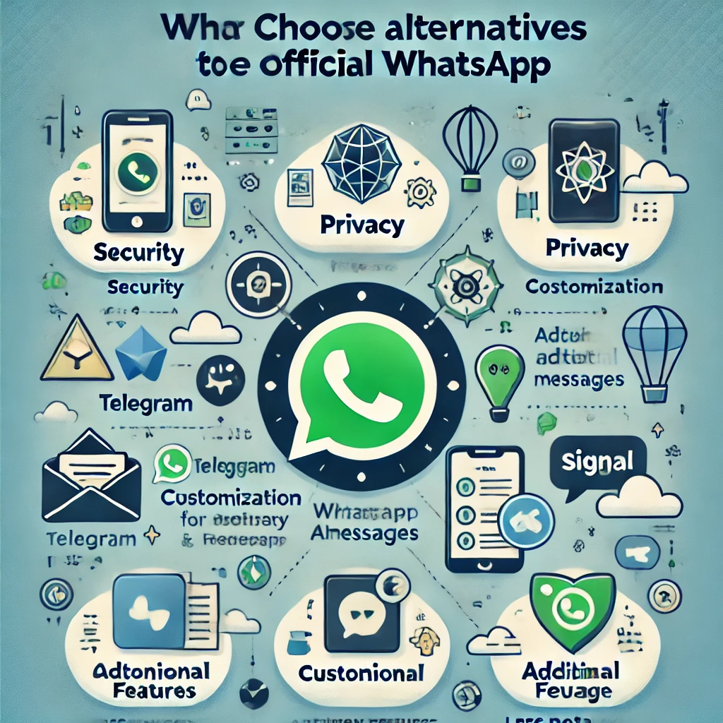 Infográfico mostrando as vantagens de escolher alternativas ao WhatsApp Oficial, com ícones de segurança, privacidade, e alternativas como Telegram, Signal e Threema.